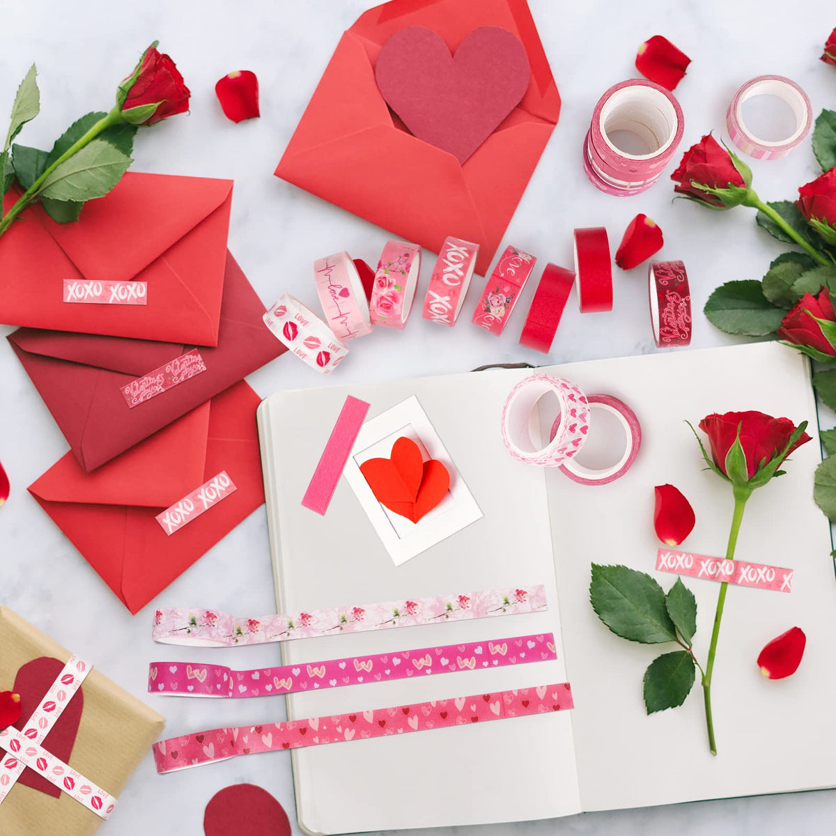 Abilat 20 Rolls Valentine's Day Washi Tape Red Pink Heart Love Masking Tape for Wedding Romantic Scrapbook DIY Craft Valentines Decorative Duct Tape for Journaling Giftwrap Tape Supplies