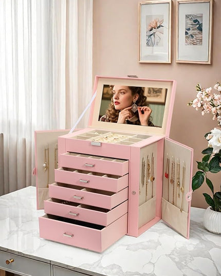 BOOVO Jewelry Box For women, 6 Layer Large Jewelry Organizer With Mirror, Multi-Function Storage Box With Lock, Necklace Holder With 5 Drawers, For Earrings Necklace Bracelet (Silver and Pink)