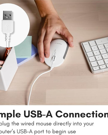 Macally Silent Wired Mouse - Slim & Compact USB Mouse for Apple Mac or Windows PC Laptop/Desktop - Designed with Optical Sensor & DPI Switch - Simple & Comfortable Wired Computer Mouse (White)