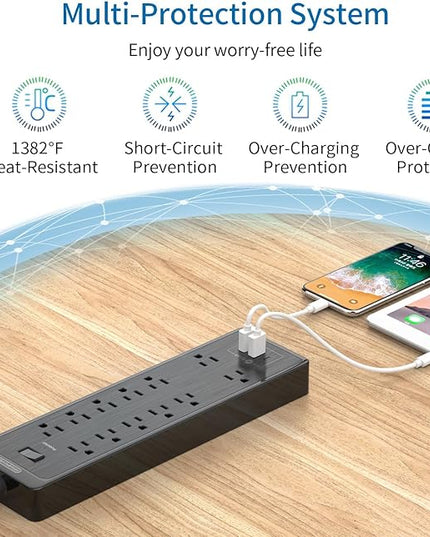 NTONPOWER 15 ft Extension Cord, Flat Plug Surge Protector Power Strip with USB, 12 Outlets Surge Protector Wall Mount, 2100 Joules, 1875W, 15A Circuit Breaker for Home Office Dorm Essentials, Black