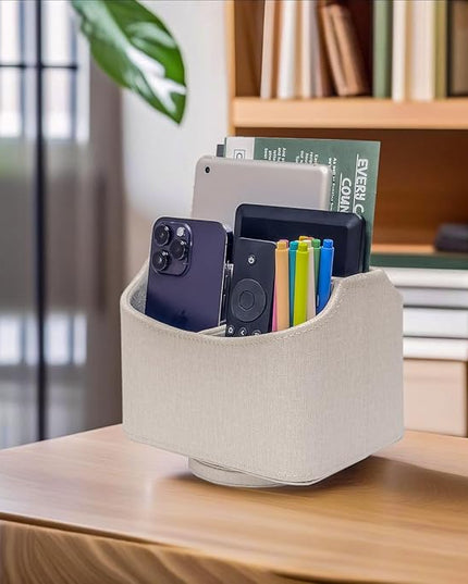UnionBasic Rotating Desk Organizer, 360 Degree Desk Spinning Caddy, Desktop TV Guide/Mail/Media/Remote Controller Holder Organizer, Linen Texture Leather Beige