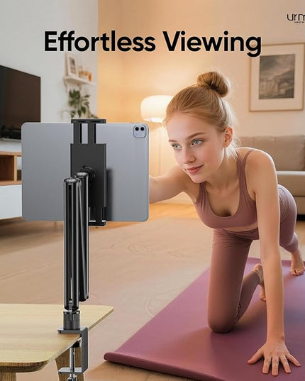 Urmust Tablet Stand for Desk, Adjustable iPad Holder Clamp Mount, 360° Rotation, Sturdy Aluminum Tablet Arm Mount for 4.7"-15.6" iPad Pro/Air/Mini, iPhone, Galaxy Tab, for Kitchen, Work, Video Call