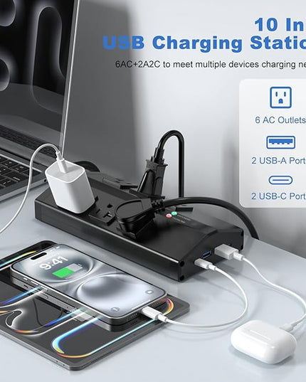 JUNNUJ Heavy Duty Surge Protector Power Strip with 6 Plug 4 USB Ports, 20 Amp 12 Gauge 6 FT Extension Cord with Multiple Outlets. Metal Wall Mount Outlet Extender for Garage Industrial Shop