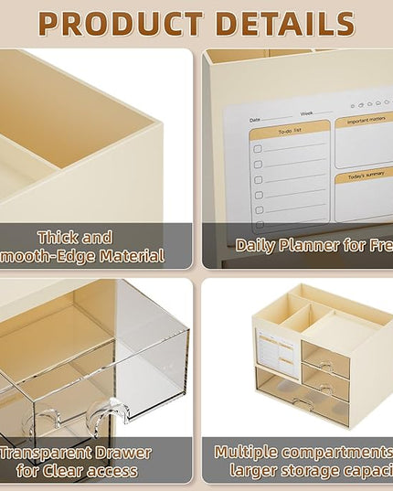 Marbrasse Desk Organizer with 3 Drawer, Multi-Functional Pencil Pen Holder for Desk, Desktop Organizer Storage for Office Home Art Supplies (Beige)