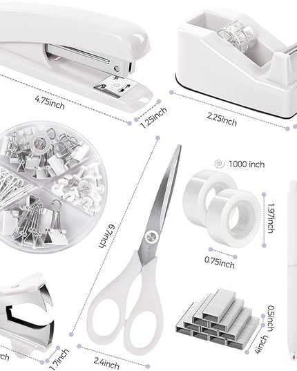 SKYDUE White Office Supplies Set, Desk Accessories, Stapler, Tape Dispenser, Scissors, Binder/Paper Clips and 1000pcs Staples, Office Decor for Women