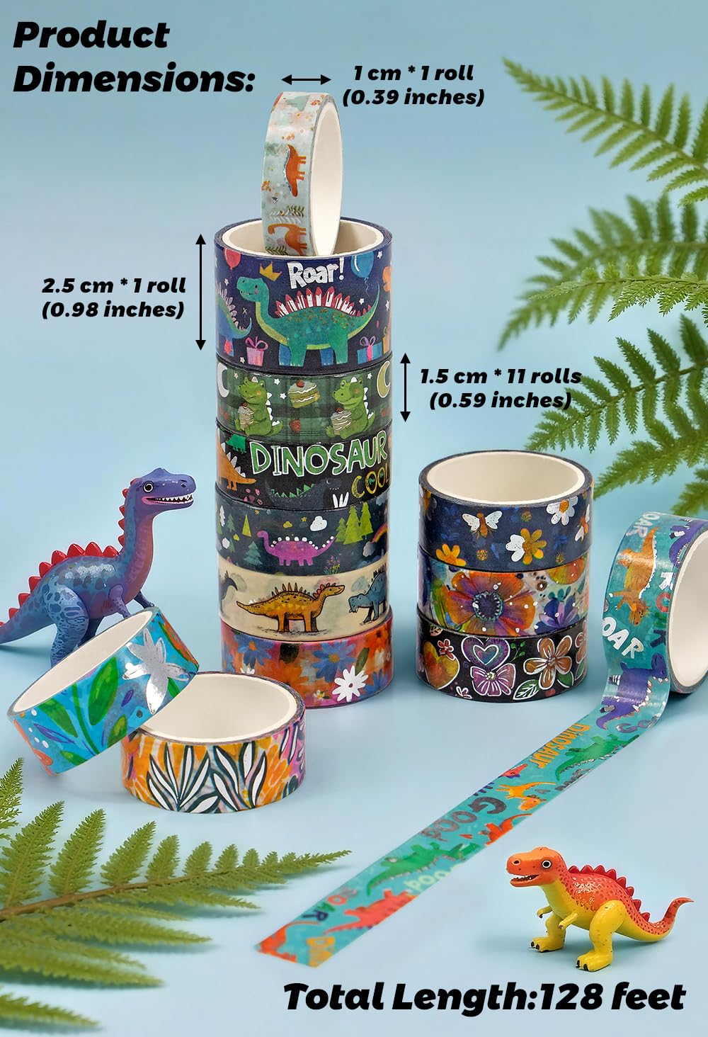 NANYNNU Dinosaur Washi Tape Set, 13 Rolls Silver Foil Cute Washi Tapes, Kawaii Floral Decorative Masking Tape for Journaling Supplies, Scrapbooking, Bullet Journal, Planner Decoration, DIY Crafts
