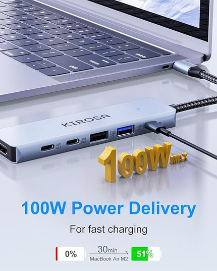 KIROSA USB-C Hub: USB C Multiport Adapter for Macbook Pro Air - 9IN1 USBC to HDMI Hub Dongle - Traveling USB C Docking Station for Laptops and Type C Devices (4K HDMI 100W PD USB3.0 SD/TF Card Reader)