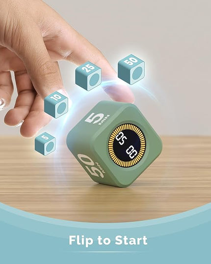 KADAMS Pomodoro Cube Timer Productivity Visual Timer - 5/10/25/50 Min Rotating Countdown (Green)