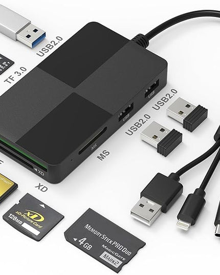 Memory Stick Pro Duo Adapter for iPhone/USB C/PC - 8 in 1 SD/TF/CF/MS/XD Picture Card Reader & 3 USB 2.0, Multi Memory Card Reader USB C Lightning OTG Adapter Memory Stick pro Duo Reader for iPhone