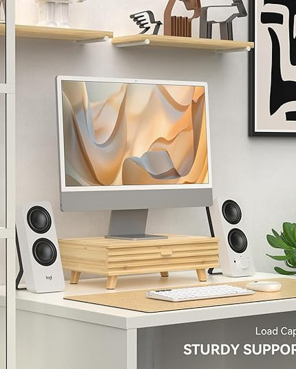 Bamboo Monitor Stand with Drawer - Desk Organizer with Cable Management & Storage, Ergonomic Laptop Riser for Home Office (220lbs Capacity, 15.7 inch ,Natural)
