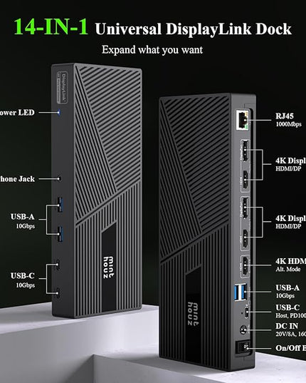 Minthouz DisplayLink Docking Station, 2 PD Triple Display 4K@60Hz for 3 Monitors, Thunderbolt 4/3 100W Charging & 160W Power, 3HDMI, 6 USB with Gigabit LAN, USB C for M1 M2 M3 M4 Mac/Windows/Chrome