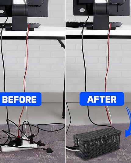 Cable Management Box, Handmade Rattan Cable Organizer, 2 Open Slots Cords Hider Box, Under Desk Cord Organizer for Computer Router USB Hub & Power Strip, Patent Pending, 13" x 5.1" x 5.1", Black