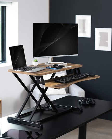 VIVO 32 inch Desk Converter, K Series, Height Adjustable Sit to Stand Riser, Dual Monitor and Laptop Workstation with Wide Keyboard Tray, Reclaimed Wood Top, Black Frame, DESK-V000KP