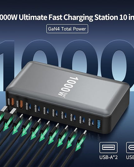 1000W 10-Port GaN 4 Desktop Charging Station with 240W 6.6 ft Data Cable - Compatible with Tablets, Phones, Laptops, Gaming Consoles, Headphones