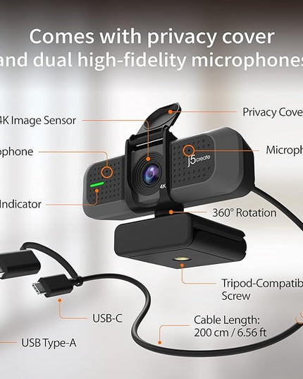 j5create 4K Wide Angle Webcam with Microphone/Privacy Cover for Video Conferencing, Streaming, Recording and Online Teaching, Supports Zoom, Skype, Teams, OBS and More (JVU430)