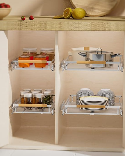 Pull Out Cabinet Organizers,Expandable Slide Out Storage Shelves,D:17.1” x W:12”-18.3” Stainless Steel Storage Drawers,3 Packs of Heavy Duty Gliding Cupboard Shelves for Home Kitchen Pantry Cupboard