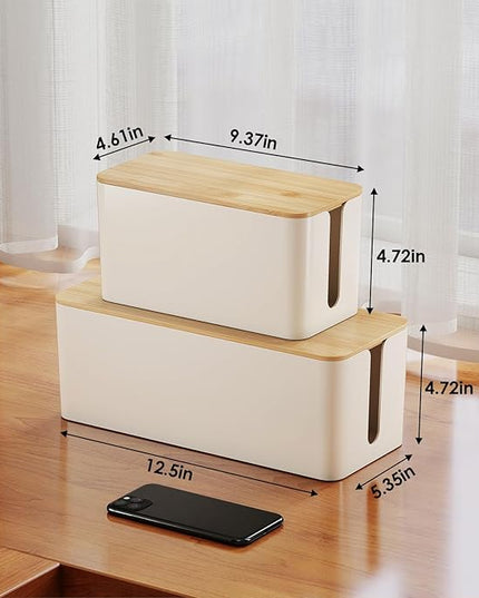 Delamu 2 Pack Cable Management Box Wooden, Wood Box with Lid Safe ABS Cord Hider Box Medium and Small Cable Organizers for Cords, Cable Raceways Power Strip Cover Box Baby Pet Proof for Home Office