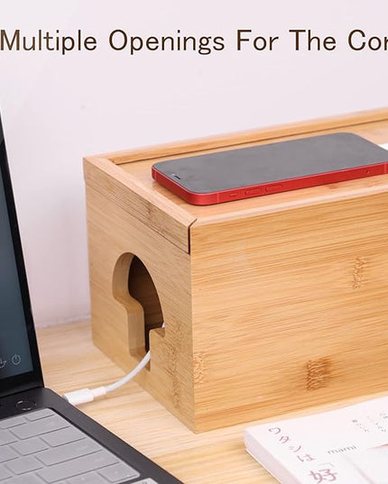 Extra Large Cable Management Box with Lid, Bamboo Cable Box for Cords, Power Strips or Surge Protectors, Hide Loose Wires Behind TVs, Home, Computers, Office Desks by HTB