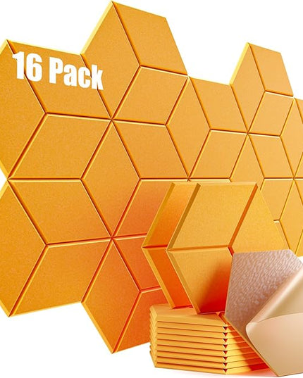 16 Pack Self-adhesive Acoustic Panels 12" X 10" X 0.4" -Sound Proof Foam Panels for wall with High Density, Y-Lined Design, Flame Resistant, Absorb Noise and Eliminate Echoe(Orange Yellow)