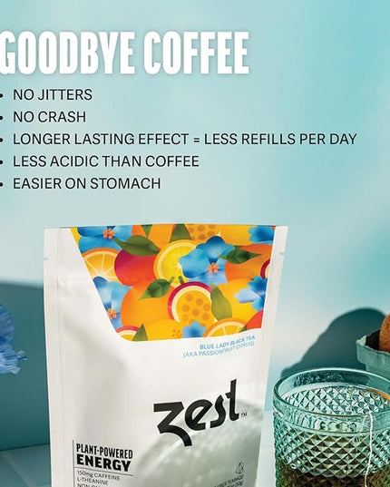 Zest Energy Tea Bags – Blue Lady Passion Fruit Black Tea – High Caffeine Tea for Morning Energy, Focus & Clarity – Natural Caffeinated Tea with 150mg Caffeine – 20Ct Pack – Non-GMO & Keto Friendly