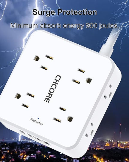10Ft Surge Protector Power Strip - CHCORE Flat Plug Extension Cord with 8 Outlets and 4 USB Ports(2 USB C), 3 Side Wall Mount Outlet Extender for Home Dorm Room Essentials, ETL Listed, White