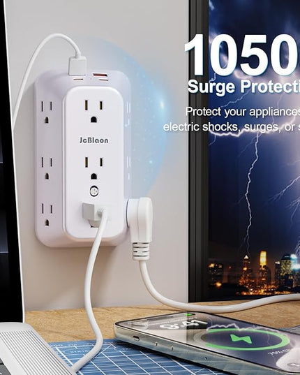 Outlet Extender Wall Charger with Multi Plug Adapter 9 AC Outlets 4 USB Charging Ports 1875W 1050J Surge Protector Power Strip Spaced Splitter for Home, Travel, Dorm Room Essentials