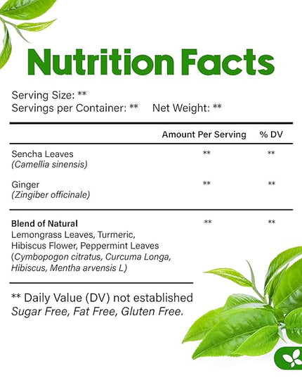FreshDrinkUS, Premium Green Ginger Tea | 75 Tea Bags | Sencha Green Tea with Ginger, Lemongrass, Turmeric, Hibiscus & Peppermint | Natural Herbal Blend | Comfort & Refreshing, Vegan