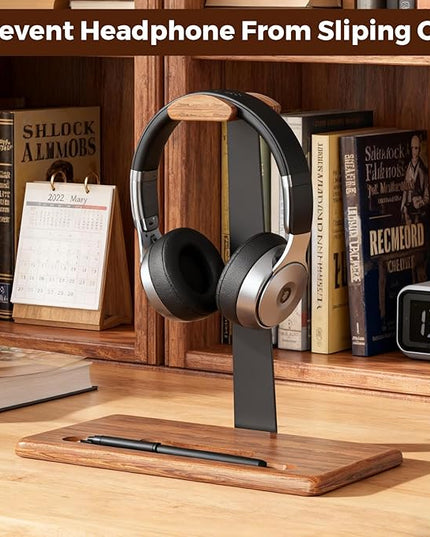 Walnut Headset Stand for Desk with Phone Holder | Headphone Stand Headphone Holder (Natural Wood)