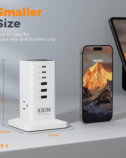 Charging Station PD 100W, TESSAN 9-in-1 USB C Power Strip for iPhone 17/16, MacBook, Tablet, Desktop Phone Fast Charger with 3 AC, 3 USB-A Ports, Home Drom Office Accessories, White