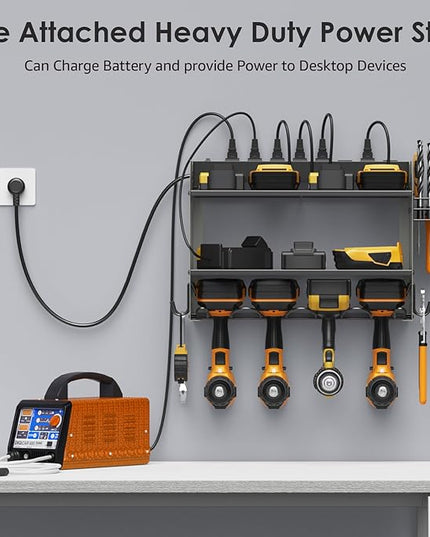 CCCEI Modular Power Tool Organizer Wall Mount with Charging Station. Garage Drill Storage Shelf with Hooks, Heavy Duty Rack, Tool Battery Holder Built in 8 Outlet. Gift for Men. Grey, 1 Pack.