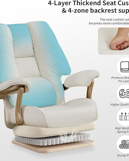 Big and Tall Executive Office Chair with Footrest, 400LBS Capacity Ergonomic High-Back Desk Office Chair with Lumbar Support, Padded Armrests & Thick Cushion, White PU Leather Chairs