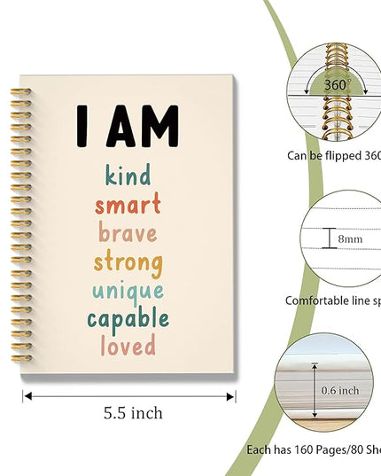 Boho Inspirational Spiral Notebook, Affirmation Journal, Positive Affirmation Gifts, I Am Kind Smart Brave Journals Notebook, 5.5x8.3 Inch