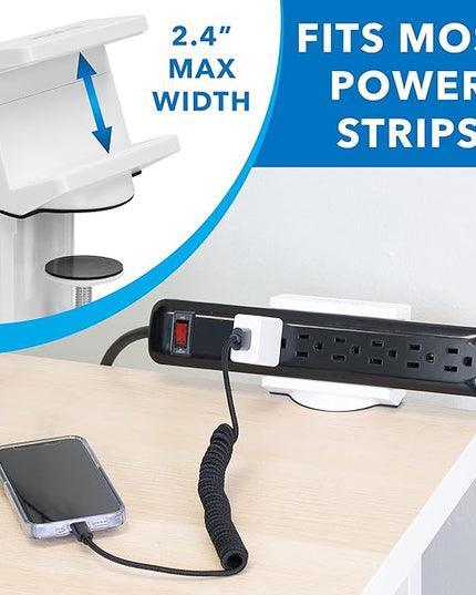 Mount-It! Power Strip Holder Clamp Desk Mount with Included Surge Protector | White Desktop Power Outlet with 3 USB Ports and 3 AC Power Outlets | Adjustable Power Strip Clamp Mount