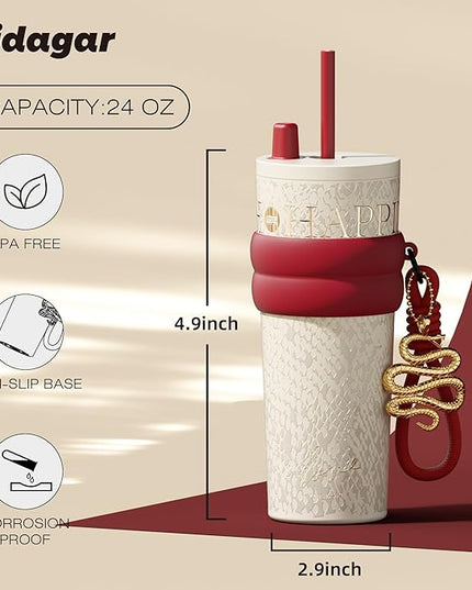 24 oz Tumbler with Lid and Straw, Insulated Coffee Mug Leak Proof, Portable Iced Travel Water Bottle, Reusable Thermal Coffee Cup, Gifts for Women, Pearl White