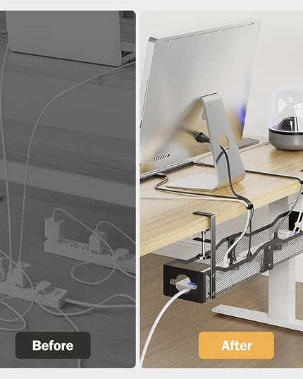 DELAMU 25'' Upgraded Under Desk Cable Management, No Dill Desk Cable Management with F-Clamp, Metal Cable Management Tray to Cord Organizer for Home Office, 1 Pack, Black