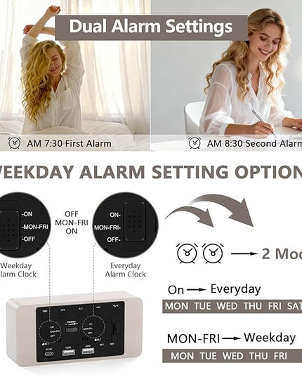 Fomobest Wooden Digital Alarm Clock for Bedroom - Desk Clock with Date, Day of Week, Temperature, Dual Alarms, Dimmer, USB Port Charge, DST, Adjustable Volume for Living Room/Office Wood Decor (White)