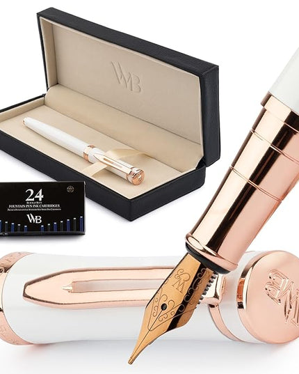 Wordsworth & Black Fountain Pen Set, 18K Gilded Medium Nib, Includes 24 Pack Ink Cartridges, Ink Refill Converter & Gift Box, Gold Finish, Calligraphy, [White Rose Gold], Perfect for Men & Women