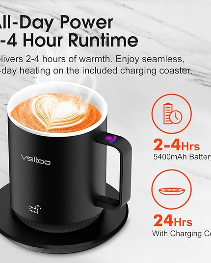 Vsitoo S3 12oz Heated Mug - Temperature Control Smart Mug with Mug Warmer, Perfect for Espresso, Auto-Sensing AI Heats Drinks to 120-150°F Hands-Free.Ideal for Home/Office/Gifts，White