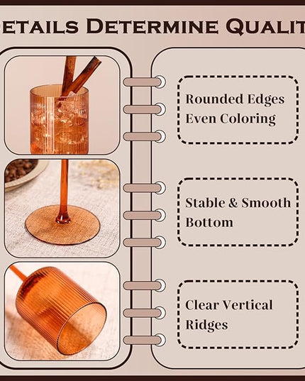 Halloween Decorations Maple Colored Square Wine Glasses Set of 6, Elegant Ribbed Design Amber Crystal Glassware with Long Stem, 11.5oz Hand Blown Stemware For Halloween, Thanksgiving