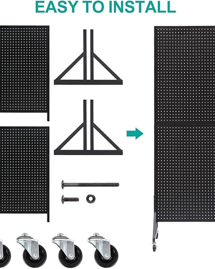 Eastern Tree 2.5'x 6' Metal Pegboard Display Stand with T-Base, Black Peg Board Panels Display with Casters, Standing Pegboard Display, Retail Display Stand, Extra 10 Pieces Hooks, Black
