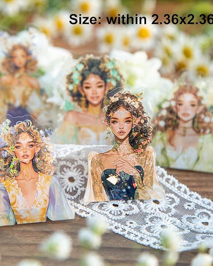 AuriicLeaf Spring Flower Girls PET Stickers Set, 60Pcs Fairy Character Stickers with Holographic Effect for Journaling, Scrapbooking, and DIY Crafts