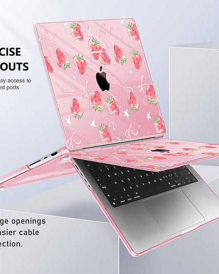 May Chen Case for MacBook Pro 14 inch, A2442 A2779 A2918 A2992 A3401 A3185 A3112 A3434, M1 M2 M3 M4 M5 (2021-2025 Release), Plastic Hard Shell Case with Keyboard Cover, Bow StrawberryBow Strawberry