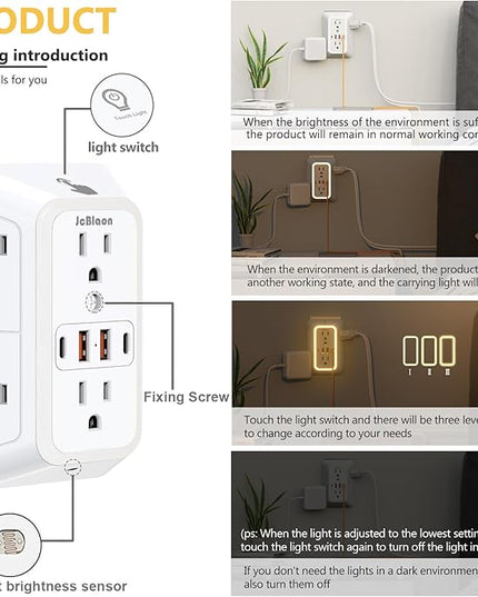 Wall Outlet Extender with Night Light, Power Plug Adapter Multi Plug Outlet Surge Protector with 4 USB Charging Ports (2 USB C), Adapter Spaced Outlets for Home Travel Office