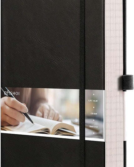 EMSHOI Lined Journaling Notebooks - 120gsm Thick Leather Journal with Sticky Notes, 256 Numbered Pages A5 Hardcover College Ruled Notebook for Women Men Work School Writing, 5.75" x 8.38"-Black
