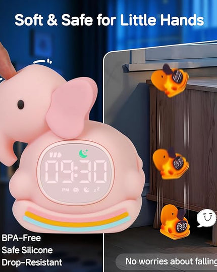 Alarm Clock for Kids with Night Light, Sleep Training Clock Time to Wake Clock, Rechargeable Silicone Light for Bedroom, Perfect Sleep Companion for Boys Girls, Pink Elephant
