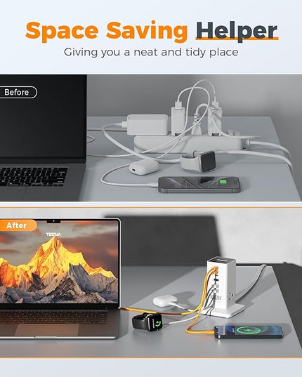 Charging Station PD 100W, TESSAN 9-in-1 USB C Power Strip for iPhone 17/16, MacBook, Tablet, Desktop Phone Fast Charger with 3 AC, 3 USB-A Ports, Home Drom Office Accessories, White