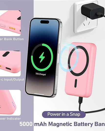 3 in 1 Wireless Charging Station: 5000mAh Removable Power Bank Charger Stand for Phone/Watch/Air Pods - Portable Magnetic Battery Pack for Air 17 16 15 14 13 12 Series Pink