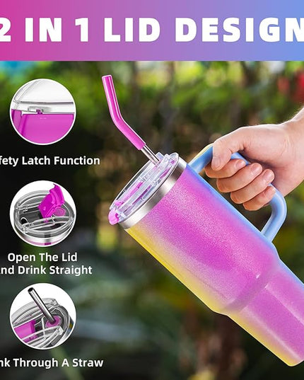 40 oz tumbler with handle and straw,Double Wall Vacuum Reusable Stainless Steel Insulated Water Bottle,With Leak Proof lid and Straw for Iced or Cold Beverages (Carnival)