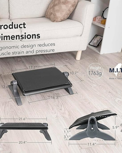 EHO Ottoman, Ergonomic Foot Rest for Under Desk, Adjustable Height and Angle, Rubber Platform, Anti-Slip, Ankle Support, Detachable Washable Cushion, Back and Leg Pain Relief, 21.6"L x 11.4"W, Black