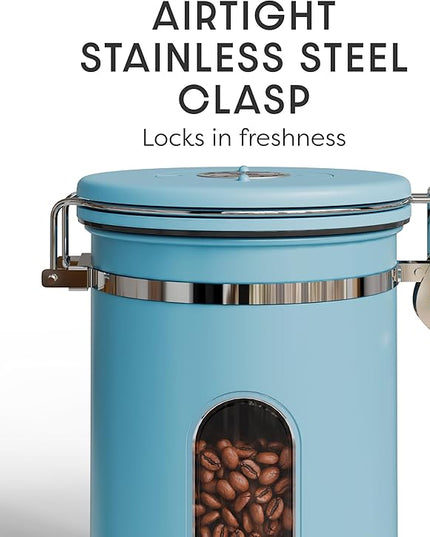 Veken Coffee Canister with Window, Airtight Stainless Steel Kitchen Food Storage Container with Lids, Date Tracker and Scoop for Grounds Coffee, Beans, Tea, Flour, Cereal, Sugar Jars, 22OZ, Blue